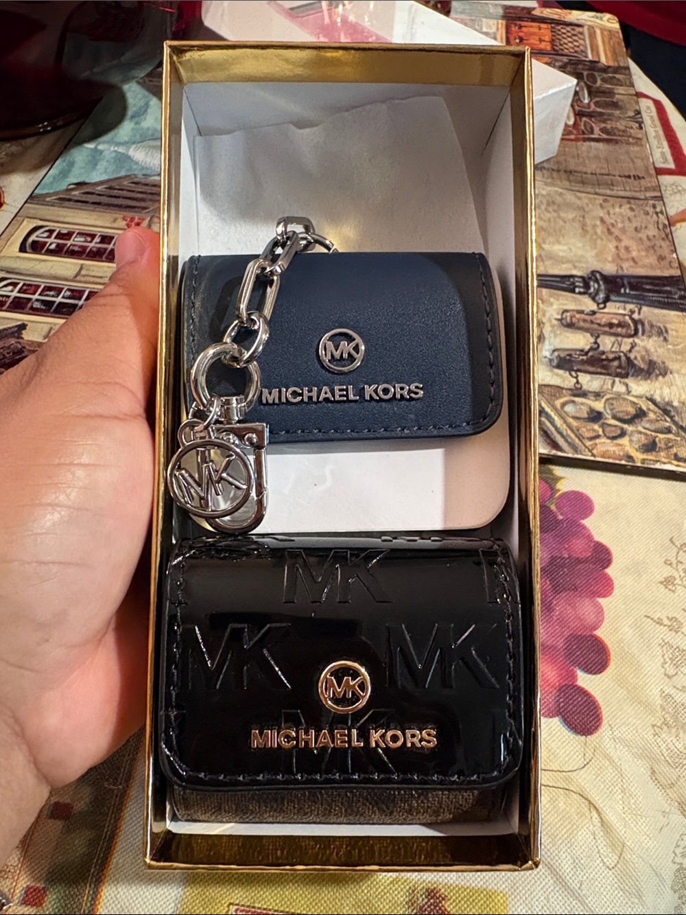 Michael Kors Navy and Brown Key AirPods Clip Case in Logo Canvas & Leather